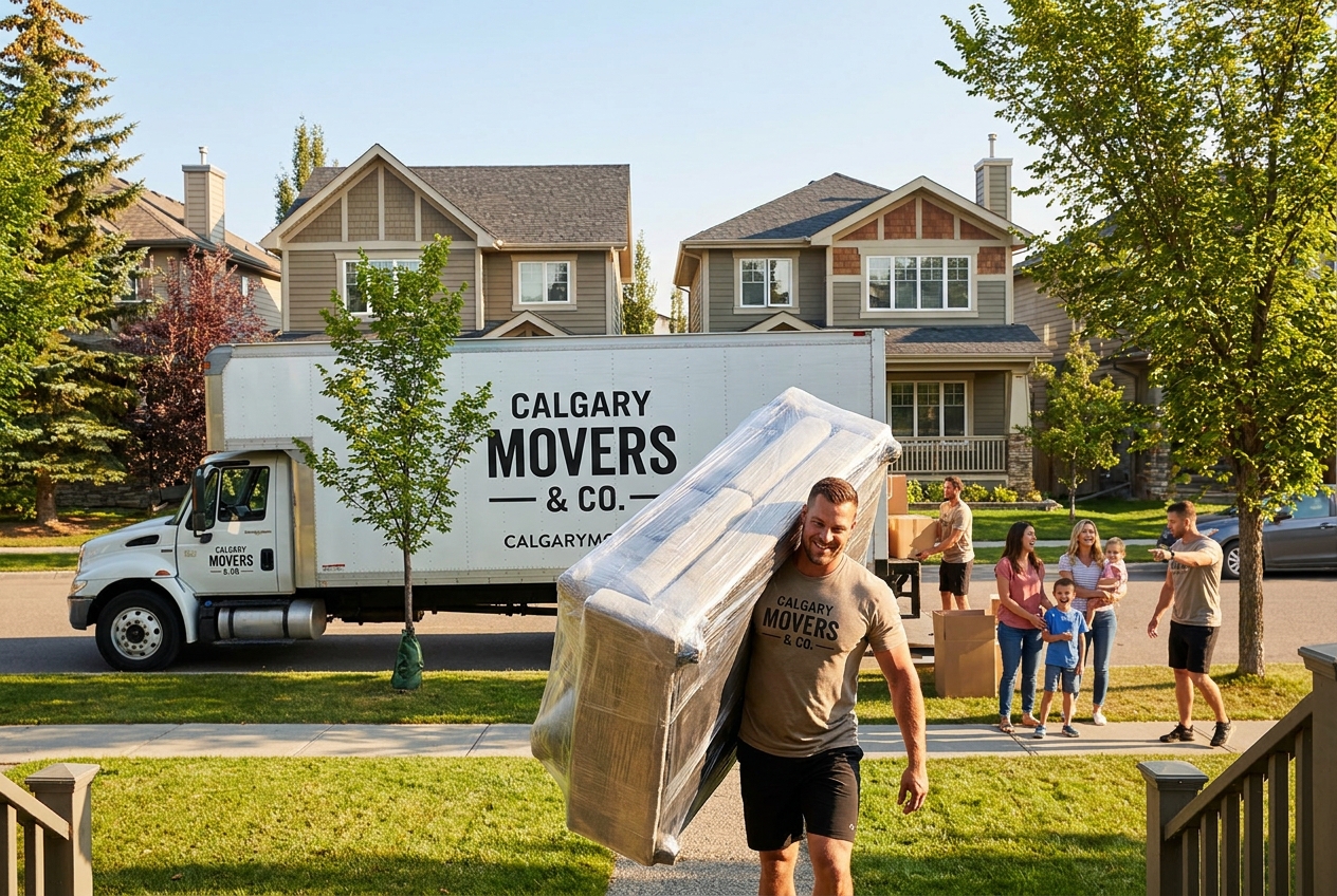 Two movers loading a wrapped sectional sofa onto a truck, furniture blankets visible