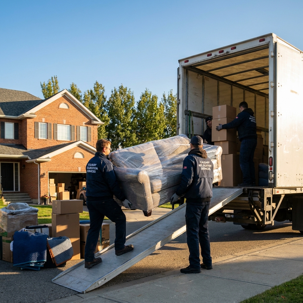 A mover's hands securing a furniture dolly loaded with boxes at the back of a truck