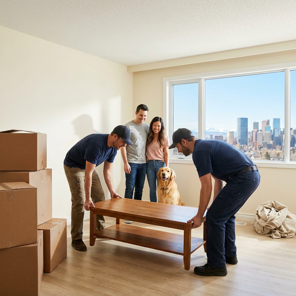 A successful apartment move complete — boxes stacked in the new living room